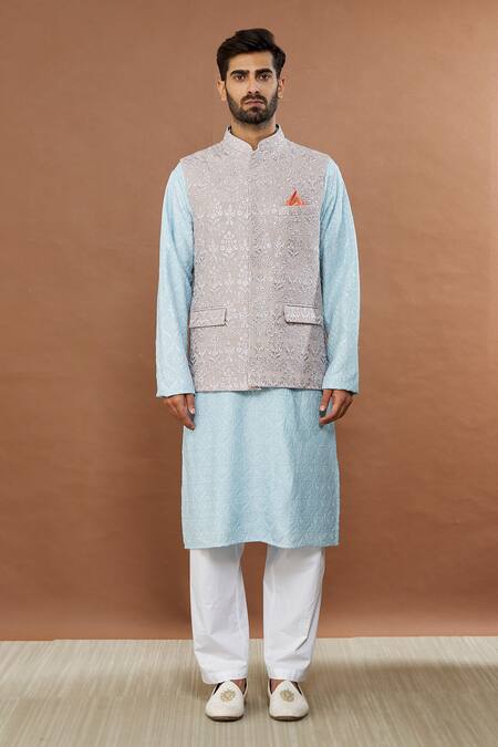 Aham-Vayam_Gray Cotton Embroidery, Sequins Floral Grey Nehru Jacket _Online_at_Aza_Fashions