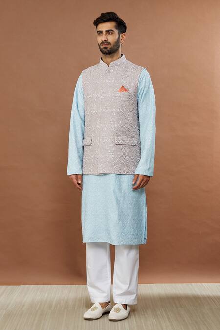 Buy_Aham-Vayam_Gray Cotton Embroidery, Sequins Floral Grey Nehru Jacket _Online_at_Aza_Fashions