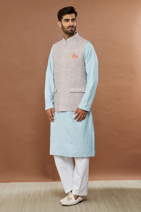 Shop_Aham-Vayam_Gray Cotton Embroidery, Sequins Floral Grey Nehru Jacket _Online_at_Aza_Fashions