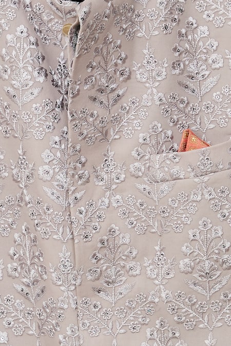 Aham-Vayam_Gray Cotton Embroidery, Sequins Floral Grey Nehru Jacket _at_Aza_Fashions