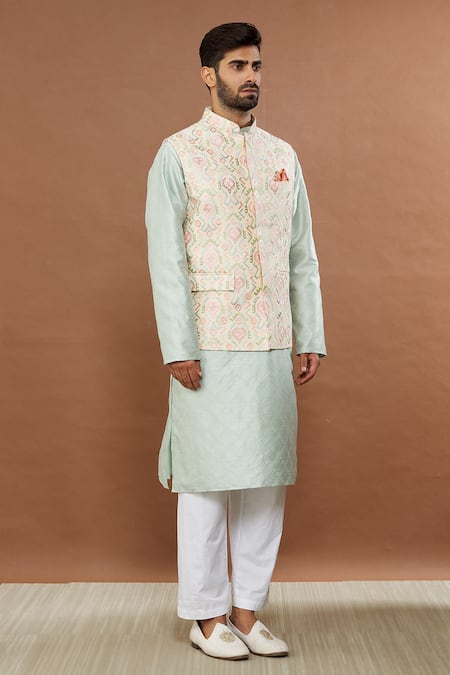 Aham-Vayam_Beige Silk, Cotton Embroidery Geometric Nehru Jacket _Online_at_Aza_Fashions