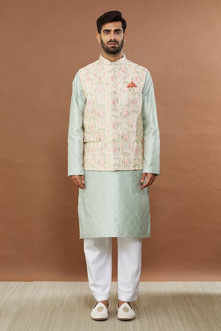 Buy_Aham-Vayam_Beige Silk, Cotton Embroidery Geometric Nehru Jacket _Online_at_Aza_Fashions