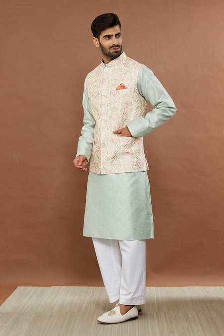 Shop_Aham-Vayam_Beige Silk, Cotton Embroidery Geometric Nehru Jacket _Online_at_Aza_Fashions
