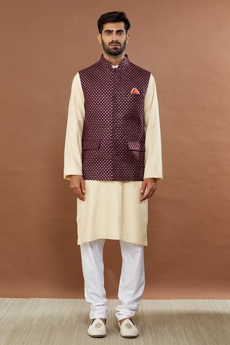 Aham-Vayam_Wine Cotton Sequins Dark Embellished Nehru Jacket _Online_at_Aza_Fashions