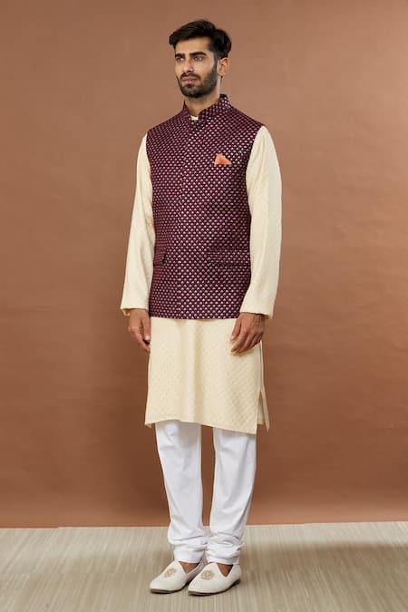 Buy_Aham-Vayam_Wine Cotton Sequins Dark Embellished Nehru Jacket _Online_at_Aza_Fashions