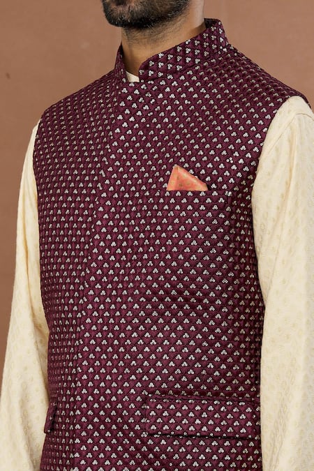 Aham-Vayam_Wine Cotton Sequins Dark Embellished Nehru Jacket _at_Aza_Fashions