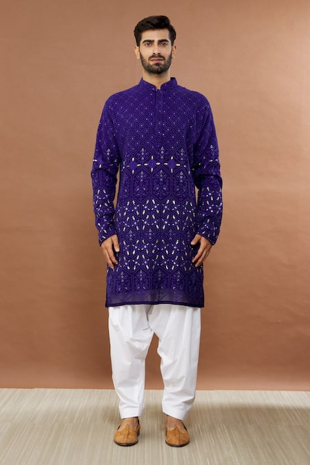 Aham-Vayam_Blue Cotton Sequins, Embroidery Chandrakiran Kurta Patiala Set_Online_at_Aza_Fashions