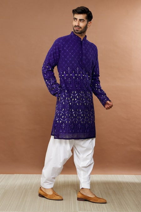 Buy_Aham-Vayam_Blue Cotton Sequins, Embroidery Chandrakiran Kurta Patiala Set_Online_at_Aza_Fashions