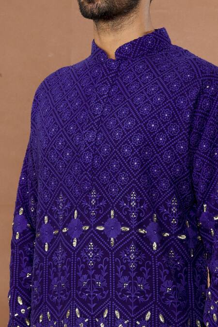 Shop_Aham-Vayam_Blue Cotton Sequins, Embroidery Chandrakiran Kurta Patiala Set_Online_at_Aza_Fashions