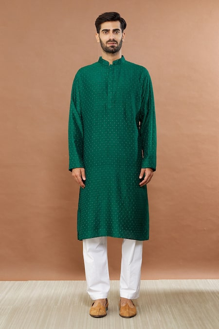 Aham-Vayam_Green Cotton Embroidery French Knot Kurta Set _Online_at_Aza_Fashions