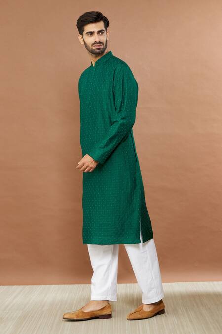 Buy_Aham-Vayam_Green Cotton Embroidery French Knot Kurta Set _Online_at_Aza_Fashions