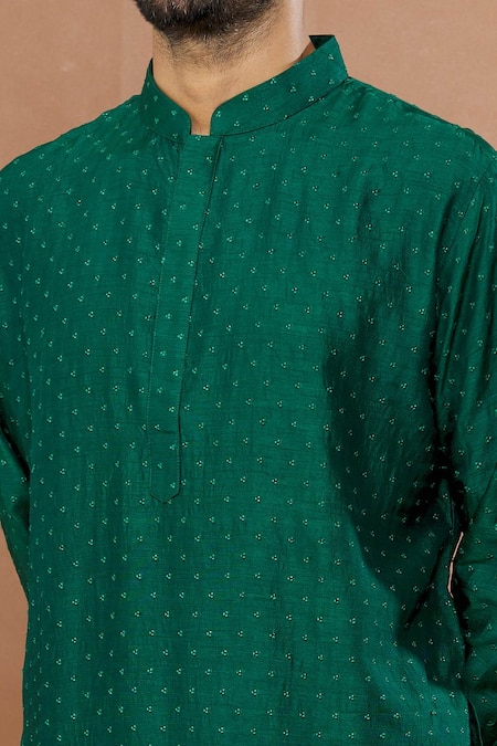 Shop_Aham-Vayam_Green Cotton Embroidery French Knot Kurta Set _Online_at_Aza_Fashions