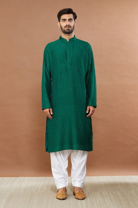 Aham-Vayam Green Cotton Embroidery French Knot Kurta Patiala Set Online at Aza Fashions Aham-Vayam_Green Cotton Embroidery French Knot Kurta Patiala Set _Online_at_Aza_Fashions