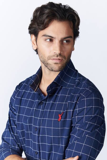 Shop_S&N By Shantnu Nikhil_Blue Checkered Pattern Shirt_Online_at_Aza_Fashions