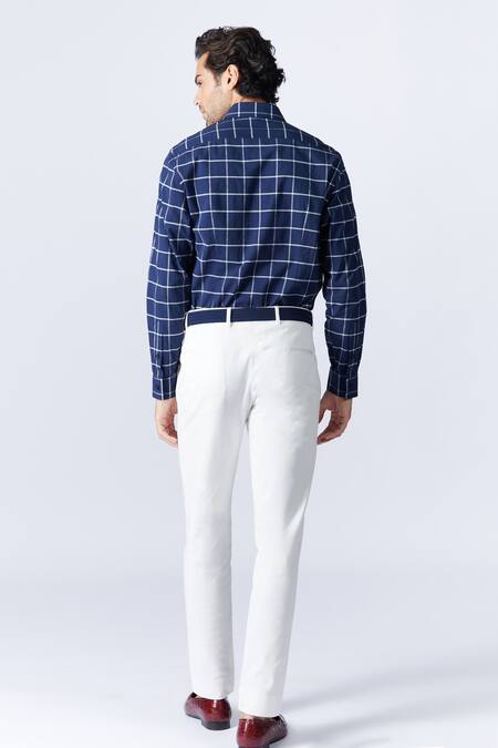 Shop S&N By Shantnu Nikhil Blue Cotton Embroidery Panelled And Checkered Shirt at Aza Fashions Shop_S&N By Shantnu Nikhil_Blue Cotton Embroidery Panelled And Checkered Shirt_at_Aza_Fashions