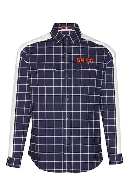 S&N By Shantnu Nikhil_Blue Cotton Embroidery Panelled And Checkered Shirt_Online_at_Aza_Fashions