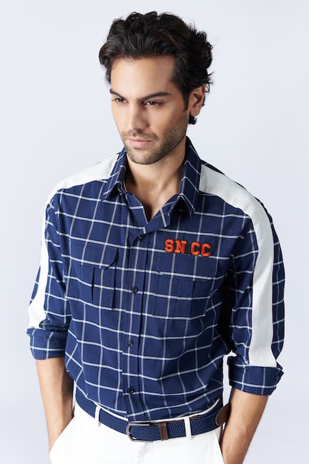 Buy S&N By Shantnu Nikhil Blue Cotton Embroidery Panelled And Checkered Shirt Online at Aza Fashions Buy_S&N By Shantnu Nikhil_Blue Cotton Embroidery Panelled And Checkered Shirt_Online_at_Aza_Fashions