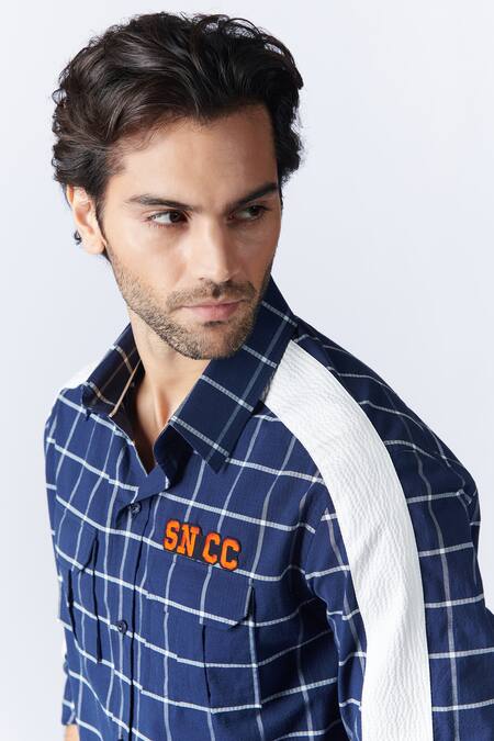 Shop S&N By Shantnu Nikhil Blue Cotton Embroidery Panelled And Checkered Shirt Online at Aza Fashions Shop_S&N By Shantnu Nikhil_Blue Cotton Embroidery Panelled And Checkered Shirt_Online_at_Aza_Fashions