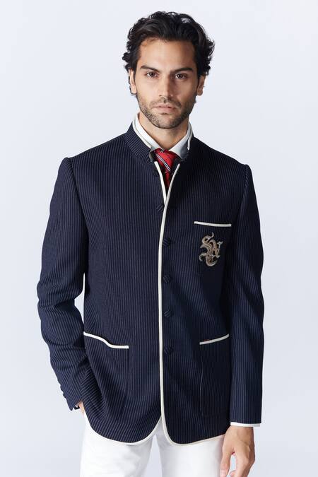 Buy_S&N By Shantnu Nikhil_Blue Patch Logo Bandhgala_Online_at_Aza_Fashions