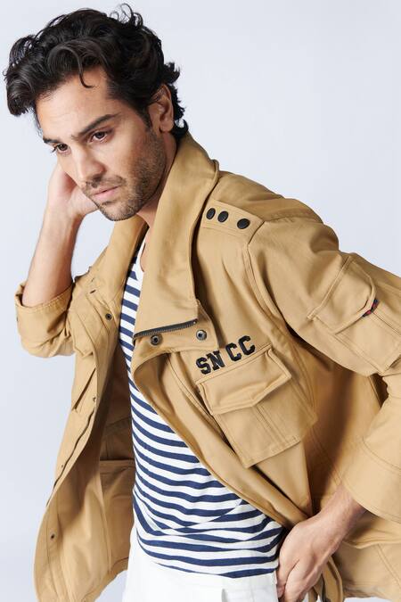 Shop_S&N By Shantnu Nikhil_Beige Poplin Patch Pocket Jacket_Online_at_Aza_Fashions