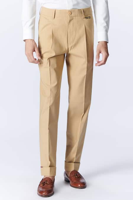 Buy S&N By Shantnu Nikhil Beige Cotton Embroidery Logo Patch Trouser Online at Aza Fashions Buy_S&N By Shantnu Nikhil_Beige Cotton Embroidery Logo Patch Trouser_Online_at_Aza_Fashions