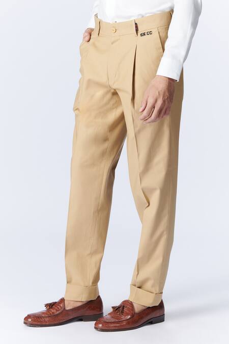 Shop S&N By Shantnu Nikhil Beige Cotton Embroidery Logo Patch Trouser Online at Aza Fashions Shop_S&N By Shantnu Nikhil_Beige Cotton Embroidery Logo Patch Trouser_Online_at_Aza_Fashions