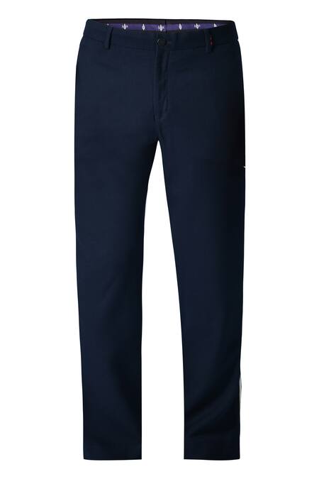 S&N By Shantnu Nikhil_Blue Terrycloth, Viscose, Lycra Contrast Piping Detailed Trouser_Online_at_Aza_Fashions