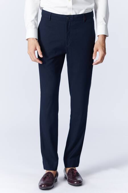 Shop_S&N By Shantnu Nikhil_Blue Terrycloth, Viscose, Lycra Contrast Piping Detailed Trouser_Online_at_Aza_Fashions