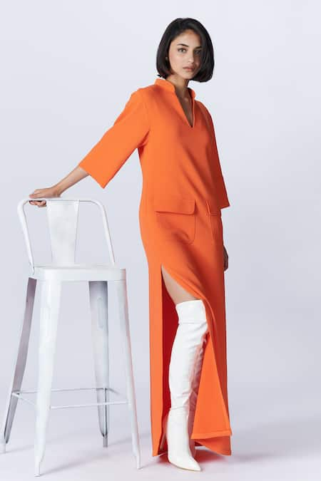 S&N by Shantnu Nikhil Orange Delta Crepe Embroidered Sncc Patch Logo Mandarin Collar Side Slit Dress 