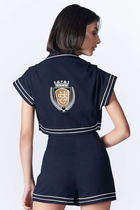 Shop S&N By Shantnu Nikhil Blue Viscose, Lycra Cropped Shirt Jacket at Aza Fashions Shop_S&N By Shantnu Nikhil_Blue Viscose, Lycra Cropped Shirt Jacket_at_Aza_Fashions