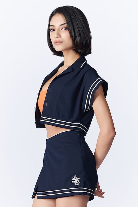 Buy S&N By Shantnu Nikhil Blue Viscose, Lycra Cropped Shirt Jacket Online at Aza Fashions Buy_S&N By Shantnu Nikhil_Blue Viscose, Lycra Cropped Shirt Jacket_Online_at_Aza_Fashions