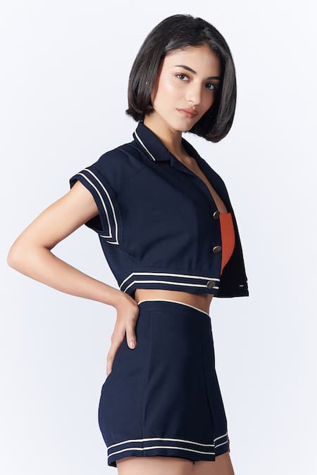 Shop S&N By Shantnu Nikhil Blue Viscose, Lycra Cropped Shirt Jacket Online at Aza Fashions Shop_S&N By Shantnu Nikhil_Blue Viscose, Lycra Cropped Shirt Jacket_Online_at_Aza_Fashions