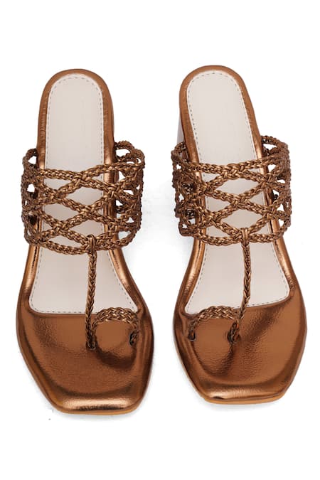 Shop_Sole House_Gold Bows Braided Strap Kolhapuri Heels _at_Aza_Fashions