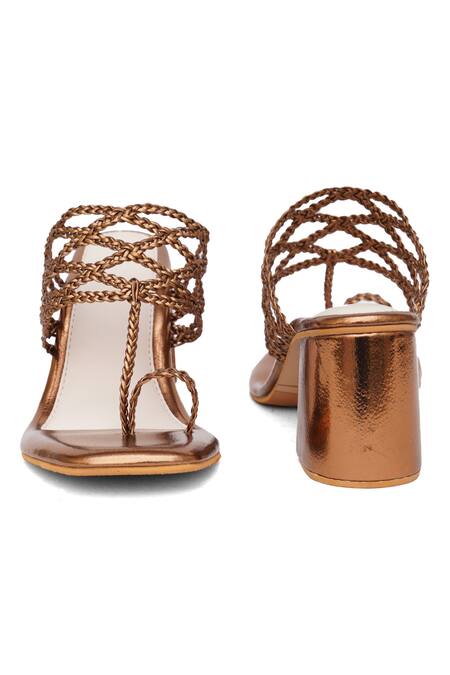 Sole House_Gold Bows Braided Strap Kolhapuri Heels _Online_at_Aza_Fashions