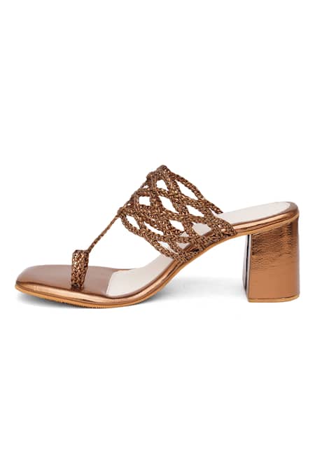 Shop_Sole House_Gold Bows Braided Strap Kolhapuri Heels _Online_at_Aza_Fashions
