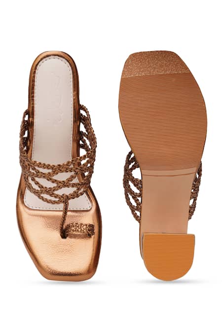Sole House_Gold Bows Braided Strap Kolhapuri Heels _at_Aza_Fashions
