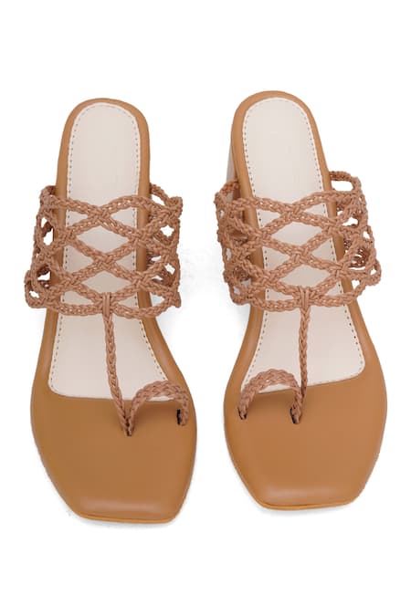 Shop_Sole House_Beige Bows Braided Kolhapuri Heels _at_Aza_Fashions