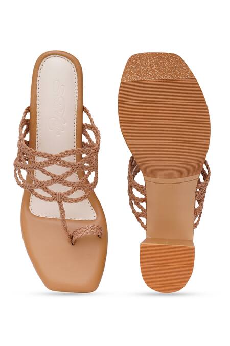 Sole House_Beige Bows Braided Kolhapuri Heels _at_Aza_Fashions