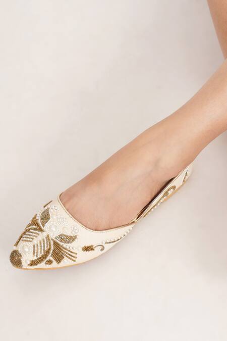 Sole House_Cream Noor Pearl Embroidered Juttis _Online_at_Aza_Fashions