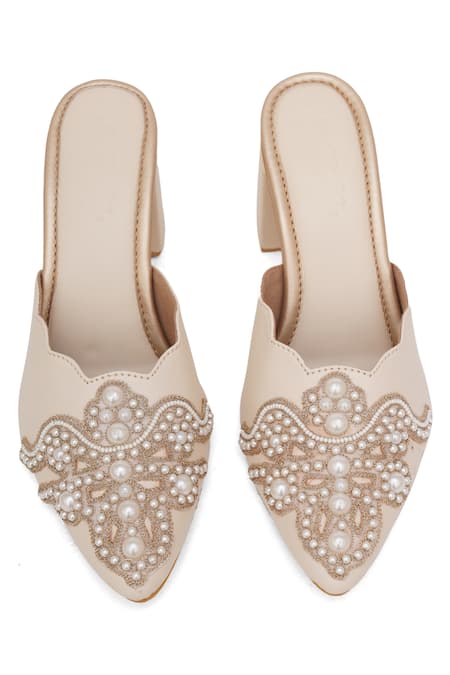 Shop_Sole House_Cream Embroidery Pearl Floral Mule Heels _at_Aza_Fashions