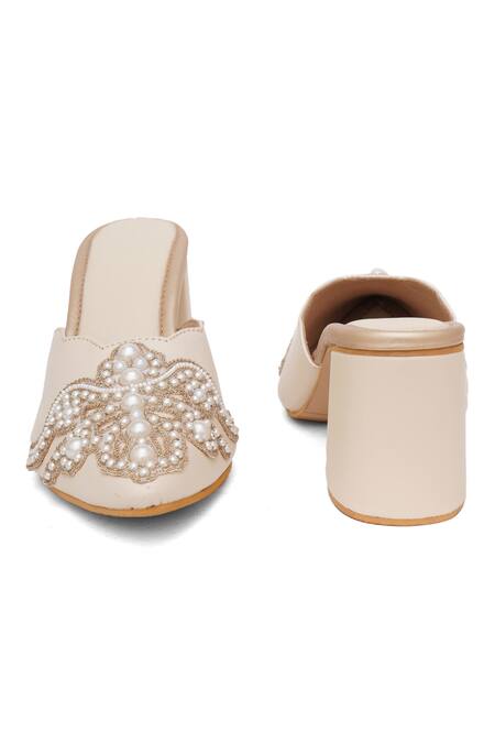 Sole House_Cream Embroidery Pearl Floral Mule Heels _Online_at_Aza_Fashions