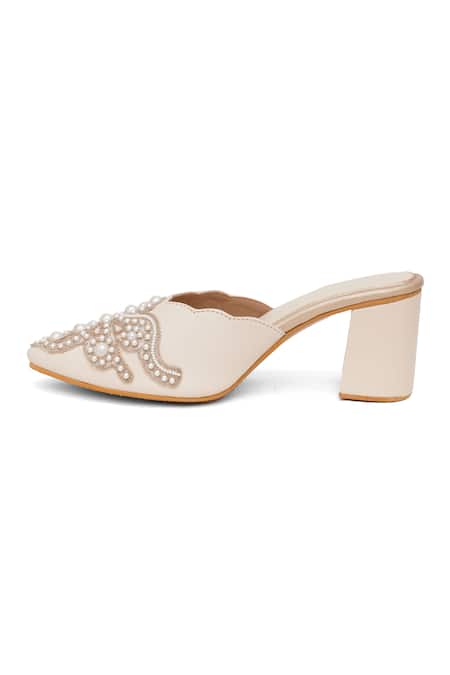 Shop_Sole House_Cream Embroidery Pearl Floral Mule Heels _Online_at_Aza_Fashions