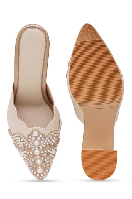 Sole House_Cream Embroidery Pearl Floral Mule Heels _at_Aza_Fashions