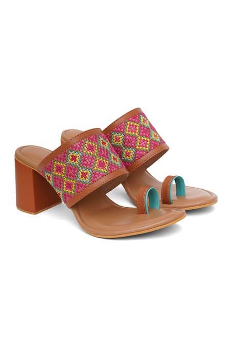 SOLE HOUSE Brown Embroidered Tahiti Strap Block Heels 