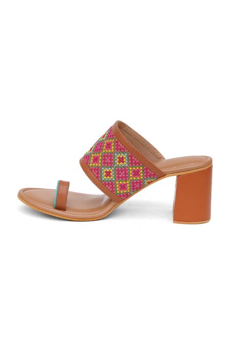 Buy_Sole House_Brown Embroidery Tahiti Strap Block Heels_Online_at_Aza_Fashions