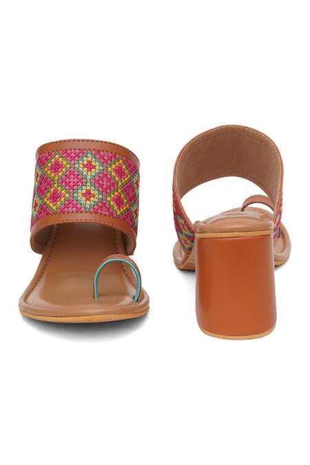 Shop_Sole House_Brown Embroidery Tahiti Strap Block Heels_Online_at_Aza_Fashions