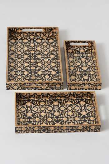 Shop Assemblage Black Mdf Wood With Resin Epoxy Coating. Persian Pattern Tray 3 Pcs Set at Aza Fashions Shop_Assemblage_Black Mdf Wood With Resin Epoxy Coating. Persian Pattern Tray 3 Pcs Set_at_Aza_Fashions