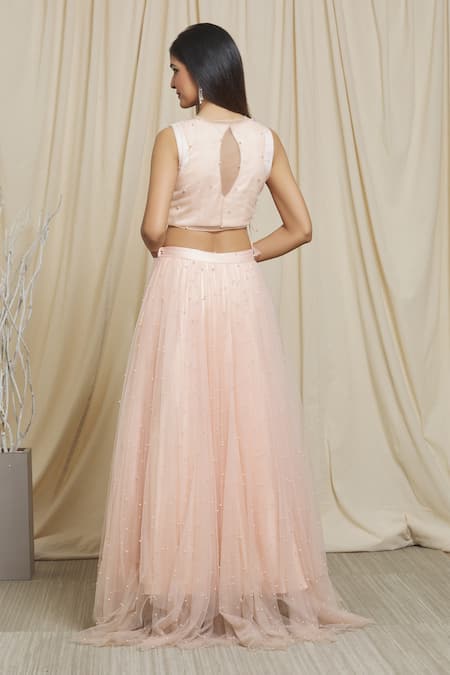 Shop Divya Kanakia Peach Net Pearls Round Neck Embellished Lehenga Set at Aza Fashions Shop_Divya Kanakia_Peach Net Pearls Round Neck Embellished Lehenga Set _at_Aza_Fashions