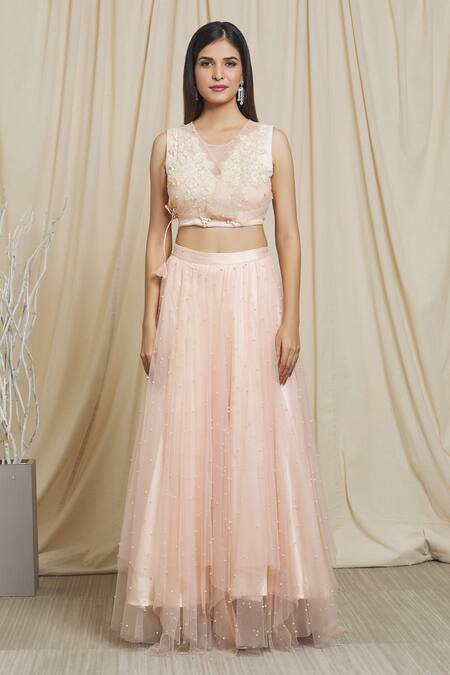 Divya Kanakia Peach Net Pearls Round Neck Embellished Lehenga Set Online at Aza Fashions Divya Kanakia_Peach Net Pearls Round Neck Embellished Lehenga Set _Online_at_Aza_Fashions