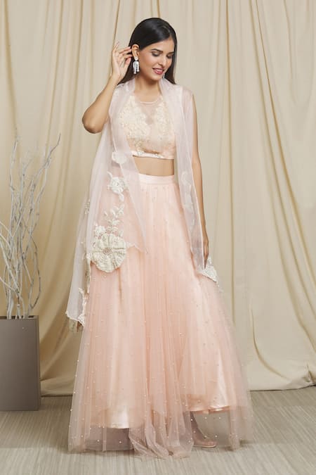Buy Divya Kanakia Peach Net Pearls Round Neck Embellished Lehenga Set Online at Aza Fashions Buy_Divya Kanakia_Peach Net Pearls Round Neck Embellished Lehenga Set _Online_at_Aza_Fashions